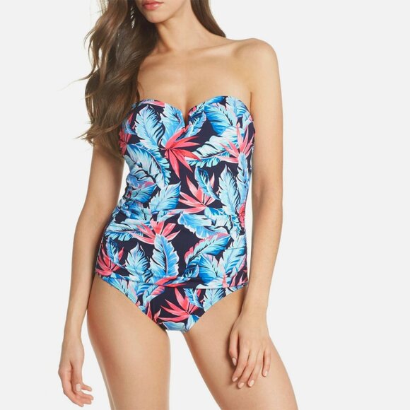 Tommy Bahama Palms Of Paradise Bandeau One-Piece Swimsuit Ruched Tie Back Blue - Picture 14 of 14